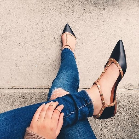 Halogen Olson Studded T Strap Flat Black & Gold - Picture 2 of 8